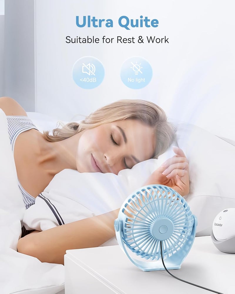 Edvision USB Desk Fan, 5 Inch Mini Portable, 3 Speeds Strong Airflow Personal Desktop, Detachable Cooling Fan 360° Rotation Quiet Small Fan for Desk Home Office Travel Car, Blue, 5ft Cable - Image 5